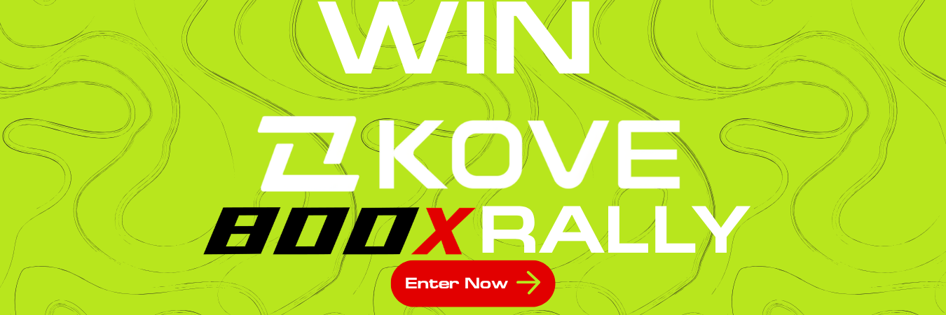 Promotional graphic for a competition titled 'WIN KOVE 800X RALLY' on a bright green background, featuring a red 'Enter Now' button.