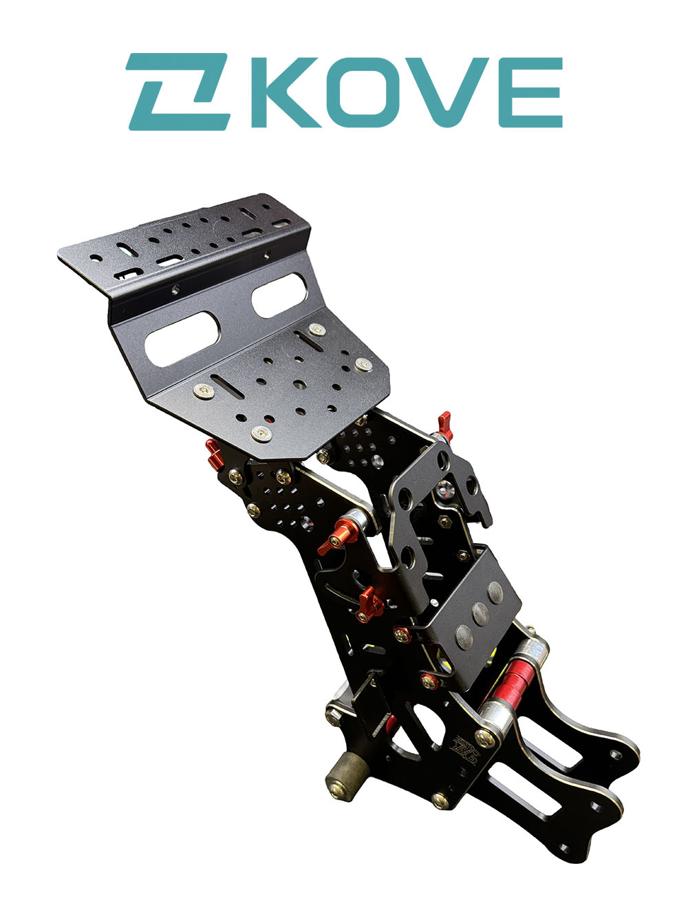 a black motorcycle navigation tower with red knobs. sitting under the KOVE brand Logo