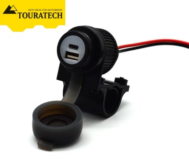 Touratech Duo USB A + C Socket - Motorcycle 12-24v With Quick Charge - 21-25mm Handlebars